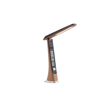 Lampe de bureau avec fonction réveil, affichage de l'heure, lumiosité réglable, bras pliable, effet bois