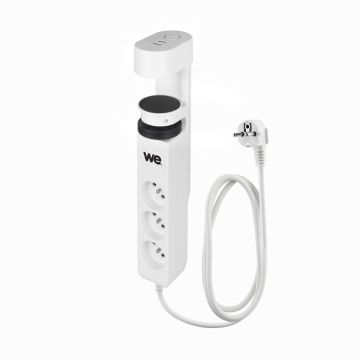 Multiprise de bureau 6-en-1 WEPRO, Puissance 3680W, 3 prises 16A - 250V AC, 3 ports USB intégrés : 2 USB-A et 1 USB-C, Câble d'alimentation de 2m, blanc
