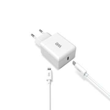 WE Bundle Chargeur Secteur + Câble Chargeur : Câble USB-C/Lightning Sortie Max 20W / Power Delivery 3.0 Mince, léger et pratique. Blanc