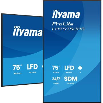 IIYAMA LFD 75" dalle IPS 24/7 3840x2160 3xHDMI HP 2x10W DP 2xUSB 2.0 1xMini jack 500cd/m² Paysage/port 8ms Media Player VESA 600x400 LH7575UHS-B2AG