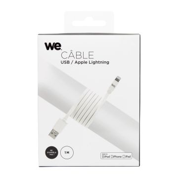 Câble Apple USB/lightning plat: évite de faire des noeuds 1m blanc - en silicone