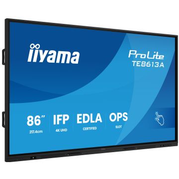 IIYAMA LFD 86 dalle IPS anti-reflet 40 pts 3840x2160 500cd/m² 8ms Tactile interactif 2xHPs DisplayPort 2xHDMI 2xUSB-C 6xUSB OPS Slot paysage sup mural EDLA "