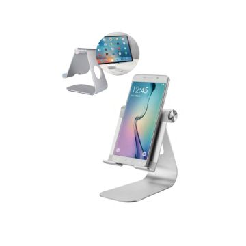Support de tablette WE pour surface plane : bureau, table etc. 12.9'' max reccomandé. Alliage d'aluminium, patins antidérapants. Silver. Compatible smartphones.