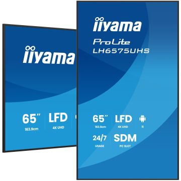 IIYAMA LFD 64,5" dalle IPS 24/7 4K UHD 3840x2160 3xHDMI 2xHP10W 1xDP 2xUSB 2.0 500cd/m² Paysage/port 8ms MediaPlayer VESA 400x400 LH6575UHS-B2AG