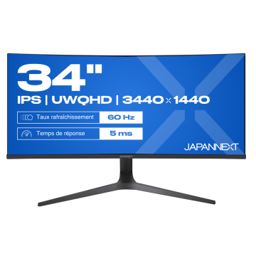 JAPANNEXT JNIPS340UWQHD60CC65WHS  Ecran LED 34" UWQHD(3440x1440)60Hz  IPS  300 cd/m²  1000:1  HDR10 Incurvée (3800R) 5ms HDMI DisplayPort USB