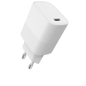 Chargeur secteur WE 1 Port USB-C : 5V/3A, 9V/2.22A, 12V/1.67A, 20W, Power Delivery, format mini, coloris blanc.
