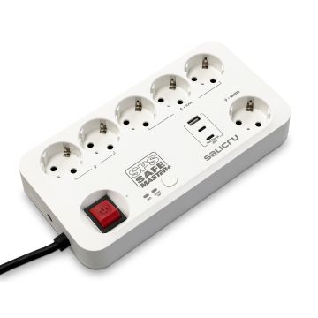 SALICRU Multiprises Parafoudre SPS.SAFE MASTER PLUS Blanc 6 prises Shuko/FR 13kA câble 1,4m fixation mur,syst rotatif 2 USB-C Prise maître-esclave 680DA000004