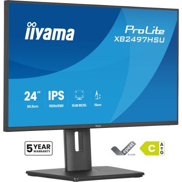 Ecran IIYAMA 24'' Ultra mince Noir IPS 1920x1080 16:9 120Hz 4ms 350cd/m² HDMI DP USB-HUB (2x 3.2 + 2xC) HPs 2 x 2W 15cm pied réglable + Pivot TCO XB2497HSU-B1