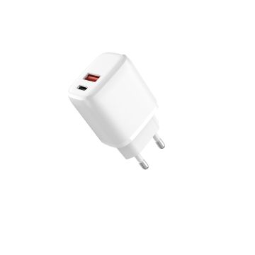 Chargeur secteur 2 sorties 1 USB A et 1 USB C Capacité totale 3A - 20W - blanc