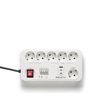 SALICRU Multiprises Parafoudre SPS.SAFE MASTER PLUS Blanc 6 prises Shuko/FR 13kA c&acirc;ble 1,4m fixation mur,syst rotatif 2 USB-C Prise ma&icirc;tre-esclave 680DA000004