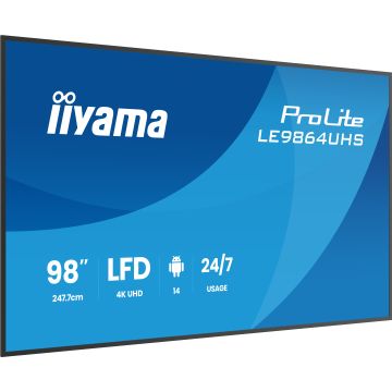IIYAMA LFD 98" dalle VA 4K UHD 3840x2160 16:9 24/7 2xHDMI USB-C 2xUSB HPs 500cd/m² 6.5ms VESA 700x500 Paysage LE9864UHS-B1AG