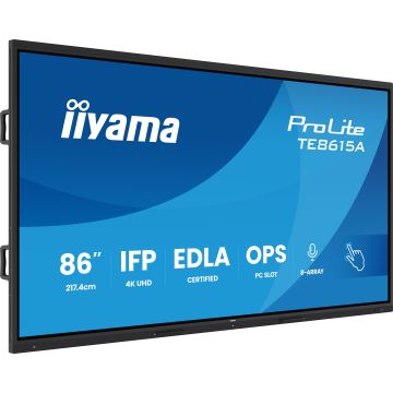 IIYAMA LFD 86 dalle IPS anti-reflet 40 pts 3840x2160 550cd/m² 8ms Tactile interactif 2xHPs DisplayPort 2xHDMI USB-C 5xUSB OPS Slot paysage certifié EDLA 