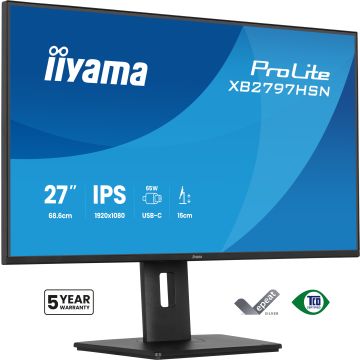Ecran IIYAMA 27" Noir Ultra mince IPS 16:9 1920x1080 350cd/m² 100Hz 1ms HDMI DP USB-C Dock USB-C 4xUSB HPs 15cm pied réglab haut +Pivot TCO