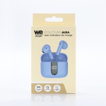 Ecouteurs sans-fil avec indicateur de charge AURA, Bluetooth, batterie intégrée 40mAh, Boitier de recharge 400mAh, ANC, bleu