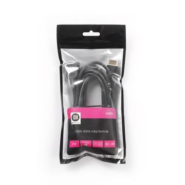 Rallonge HDMI mâle/femelle 3m noir, plaqué or, 4K, AWG 30 vendu en SACHET
