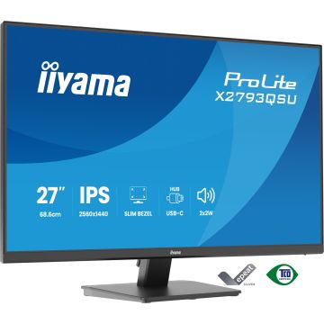 Ecran IIYAMA 27 dalle IPS ULTRA MINCE 2560x1440 16:9 1ms 350 cd/m² 75Hz HDMI DisplayPort 2xUSB Haut parleurs VESA 100x100 TCO X2793QSU-B1"