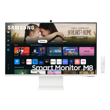 ECRAN 32" SAMSUNG Blanc Smart Monitor M8 S32DM801UU 3840x2160 VA 4ms 400cd/m² 3000:1 HPs 1xHDMI 1XUSB-C 2xUSB-A Webcam 60Hz Réglab haut Inclin orientab pivot