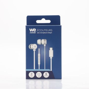 Ecouteurs WE filaire intra. Câble plat 1,20m, connecteur USB-C, boîtier de contrôle du volume et microphone intégré. Blanc