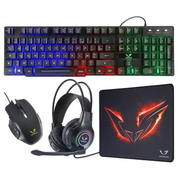 Pack Gamer 4-en-1 filaire pr PC Casque micro rétro-éclairé + clavier avec LED RGB 19 touches anti-ghosting + souris rétro-éclairée DPI 3200 + tapis 36*28*0.3cm