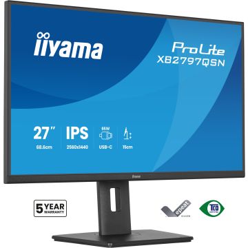 Ecran IIYAMA 27 Noir Ultra mince IPS 16:9 2560x1440 350cd/m² 75Hz 1ms HDMI DP USB-C Dock USB-C 4xUSB HPs 15cm pied réglab haut +Pivot TCO"