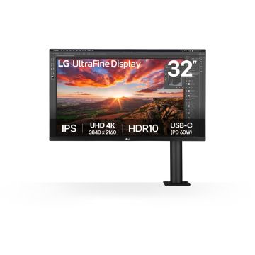 Ecran LG 32 IPS 16:9 UHD 4K 3840x2160 350cd/m² 5ms HDMI DisplayPort USB-C Sortie Casque HPs Pied Réglable haut Inclin Rotatif Pivot Rétractable