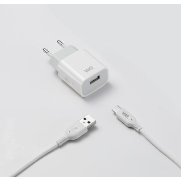 Bundle chargeur secteur + câble Chargeur 1 USB+1 Câble USB/USBC Sortie max 2.4A = total 12W / version USB 2.0 blanc
