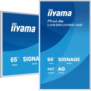 IIYAMA LFD 65" Blanc dalle VA 24/7 3840x2160 2xHDMI 2xUSB USB-C HPs 500cd/m² Paysage/port 6.5ms MediaPlayer Support mural inclus LH6581UHSG-1AG