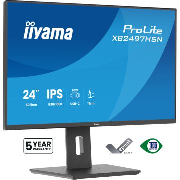 Ecran IIYAMA 24'' Ultra mince Noir IPS 1920x1080 100Hz 1ms 350cd/m² HDMI DP USB-C dock USB-C 4xUSB Haut-parleurs 15cm pied réglable + Pivot TCO 