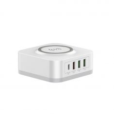 Chargeur secteur WE 3 Port USB A + 1 Port USB-C + 1 socle charge sans-fil, Total 32W,  Power Delivery/QC 3.0, coloris blanc.